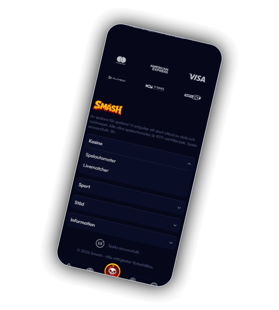 Betalningsmetoder och sidfotsmeny hos Smash Casino visade i mobilen